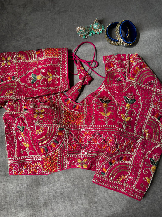 Hot-Pink Multicolour Thread Embroidered Georgette Full-sleeves Blouse for wedding