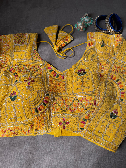 Yellow Multicolour Embroidered Georgette Long Sleeves Blouse for wedding.