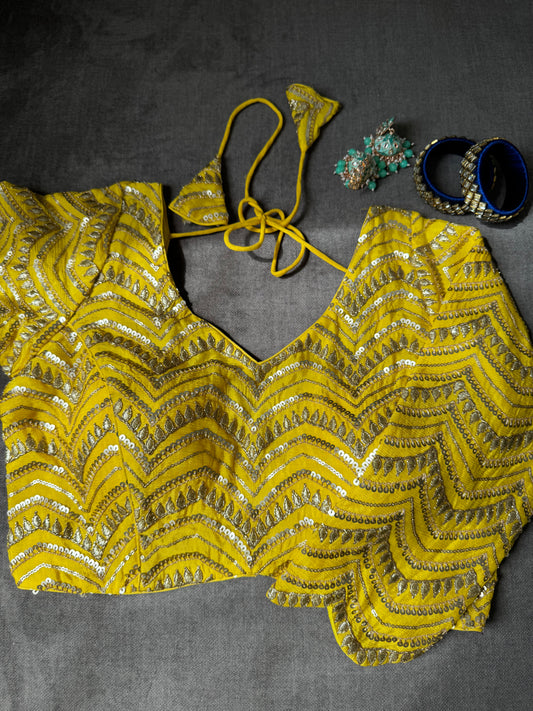 Bright Yellow Sequins embroidered Chinnon Silk Long Sleeves Blouse For Wedding