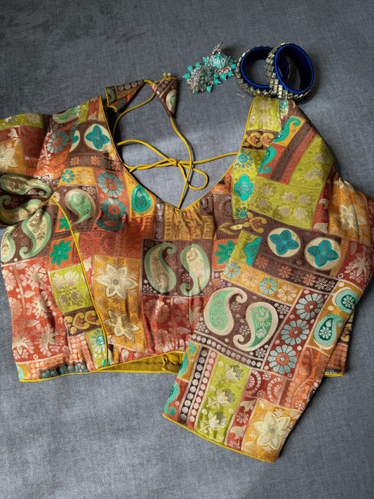 Yellow Multicolour Viscose Silk Long Sleeves Blouse For Wedding