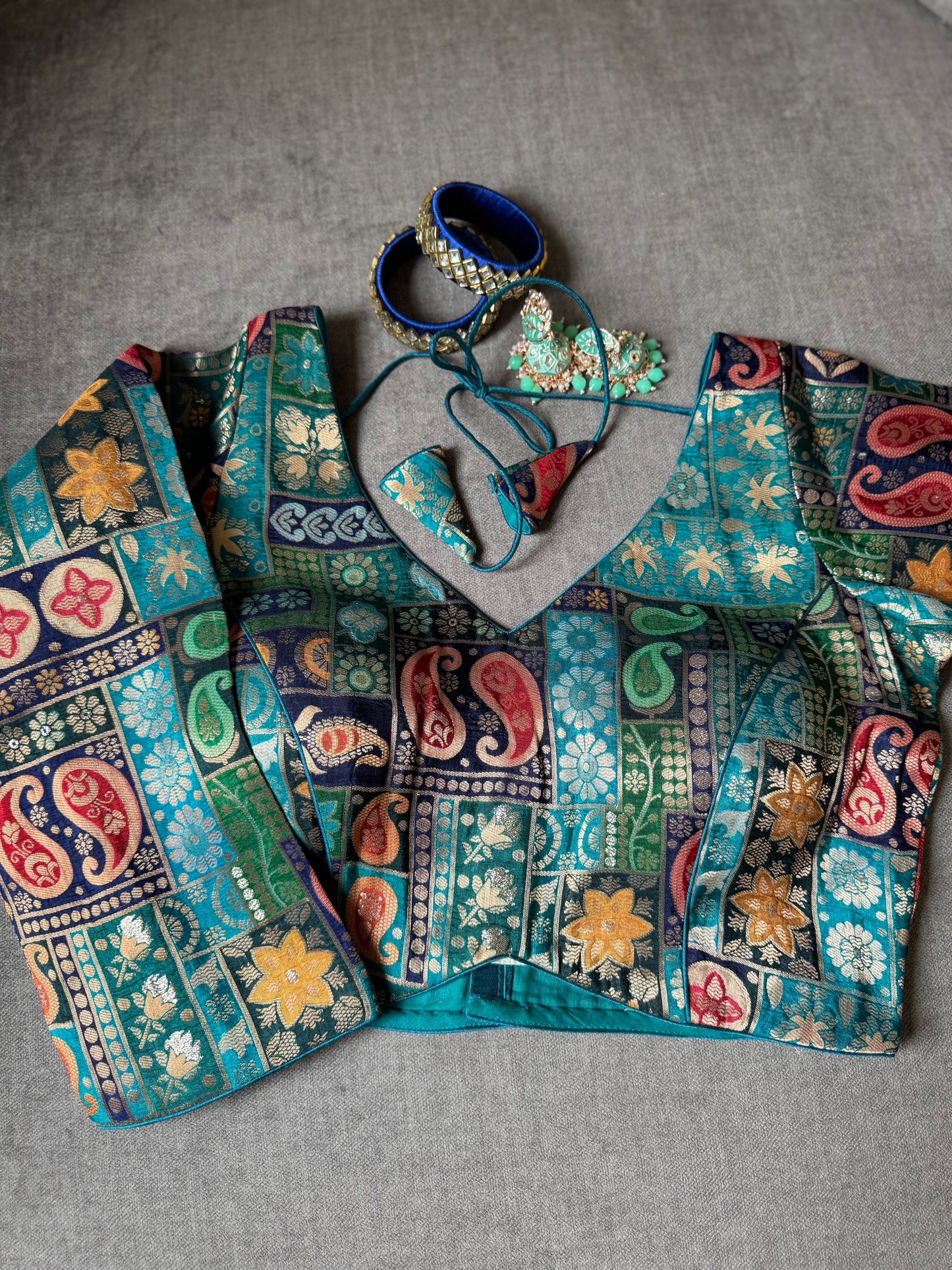 teal blue multicolour viscose silk long sleeves blouse for wedding
