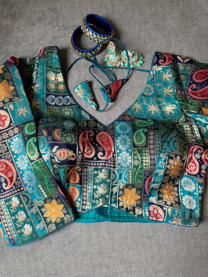Teal Blue Multicolour Viscose Silk Long Sleeves Blouse For Wedding