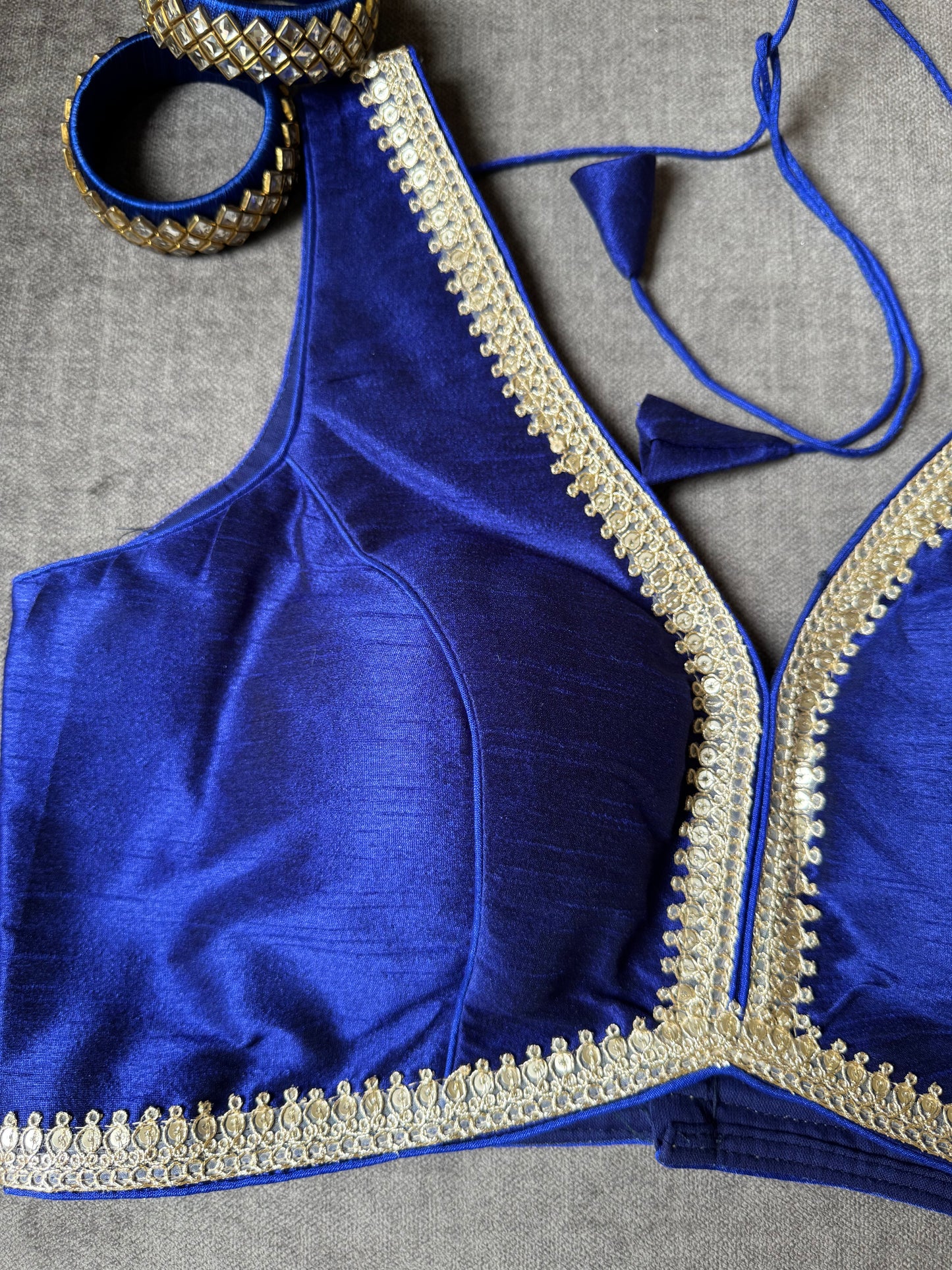 royal-blue silk blouse