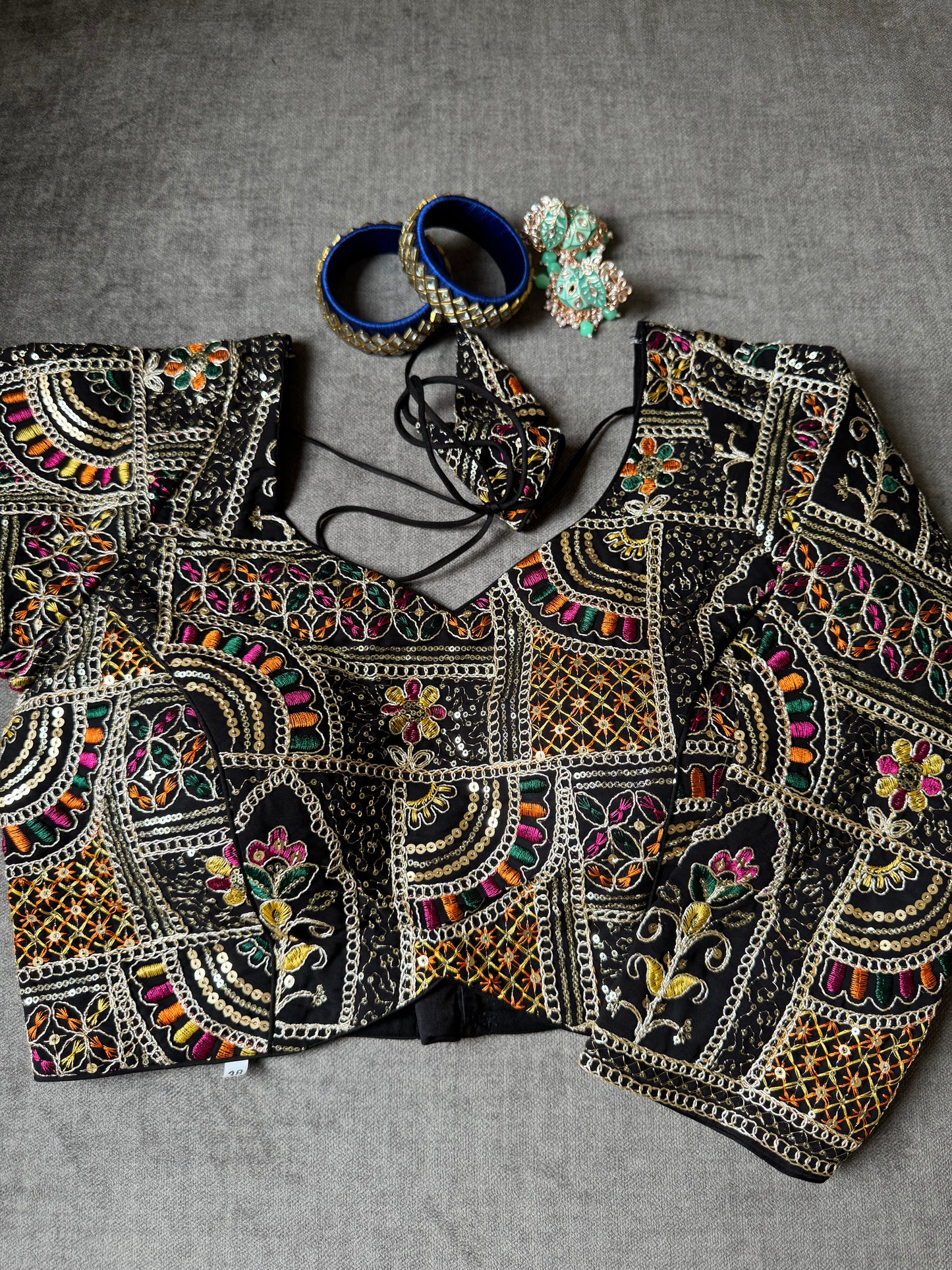 black multicolour thread embroidered georgette long-sleeves blouse