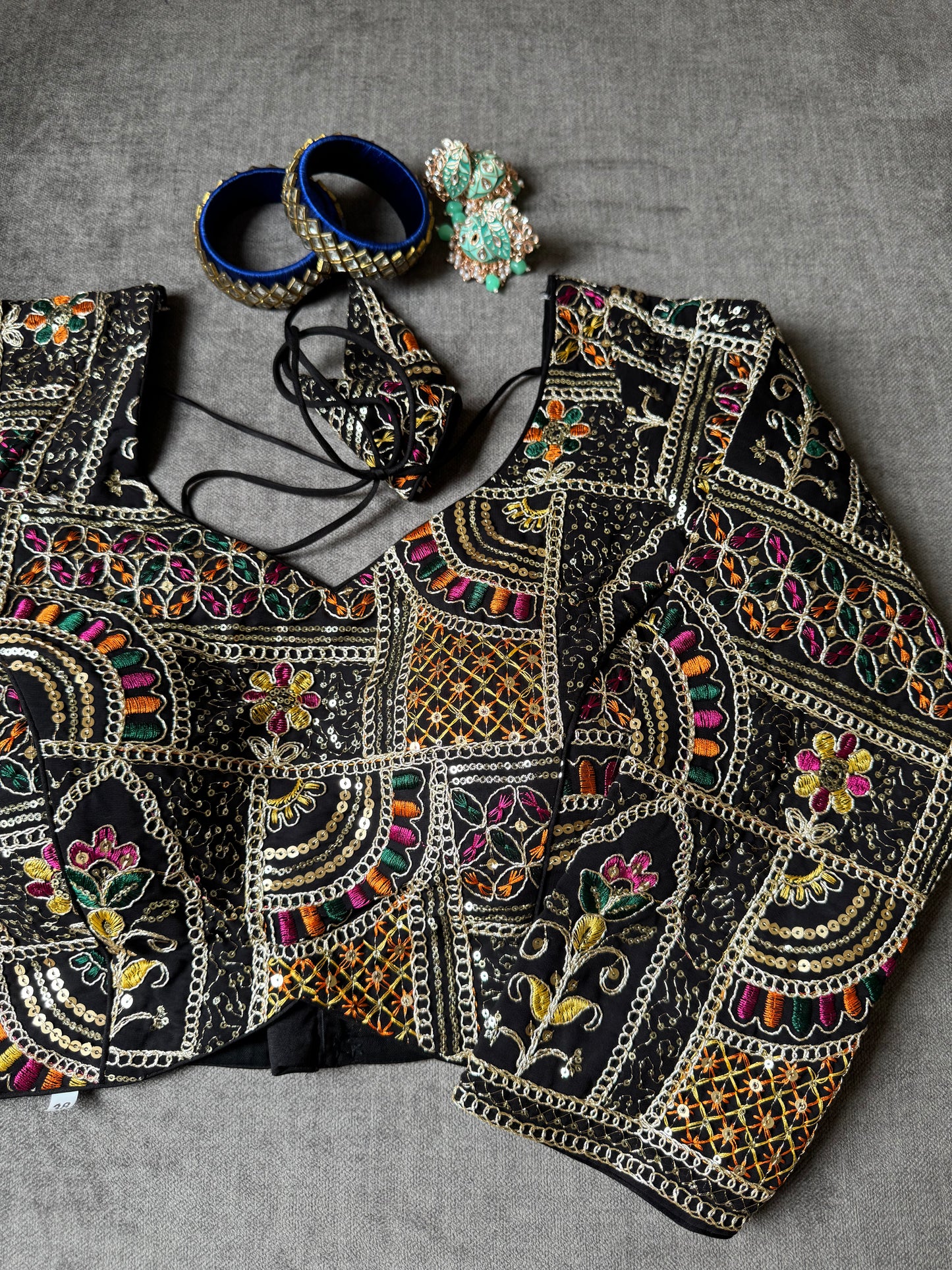 black multicolour thread embroidered georgette long-sleeves blouse