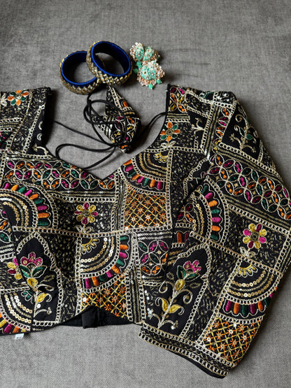 Black Multicolour Thread Embroidered Georgette Long-Sleeves Blouse