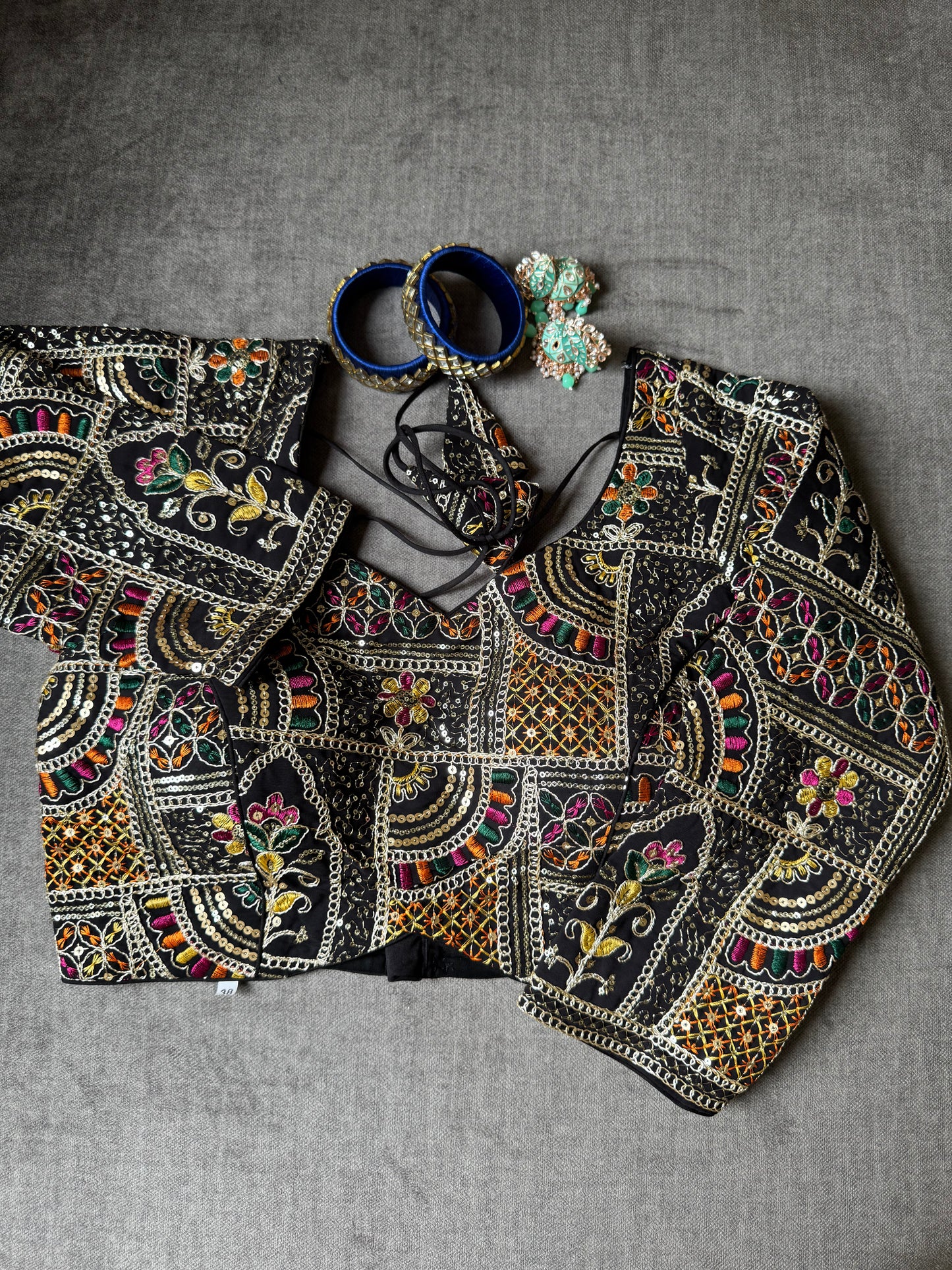 black multicolour thread embroidered georgette long-sleeves blouse