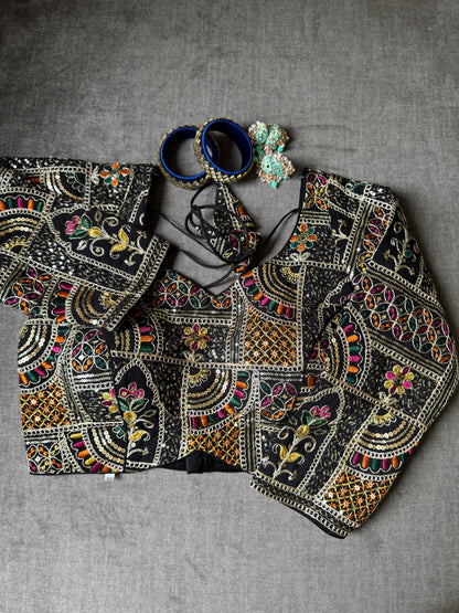 Black Multicolour Thread Embroidered Georgette Long-Sleeves Blouse