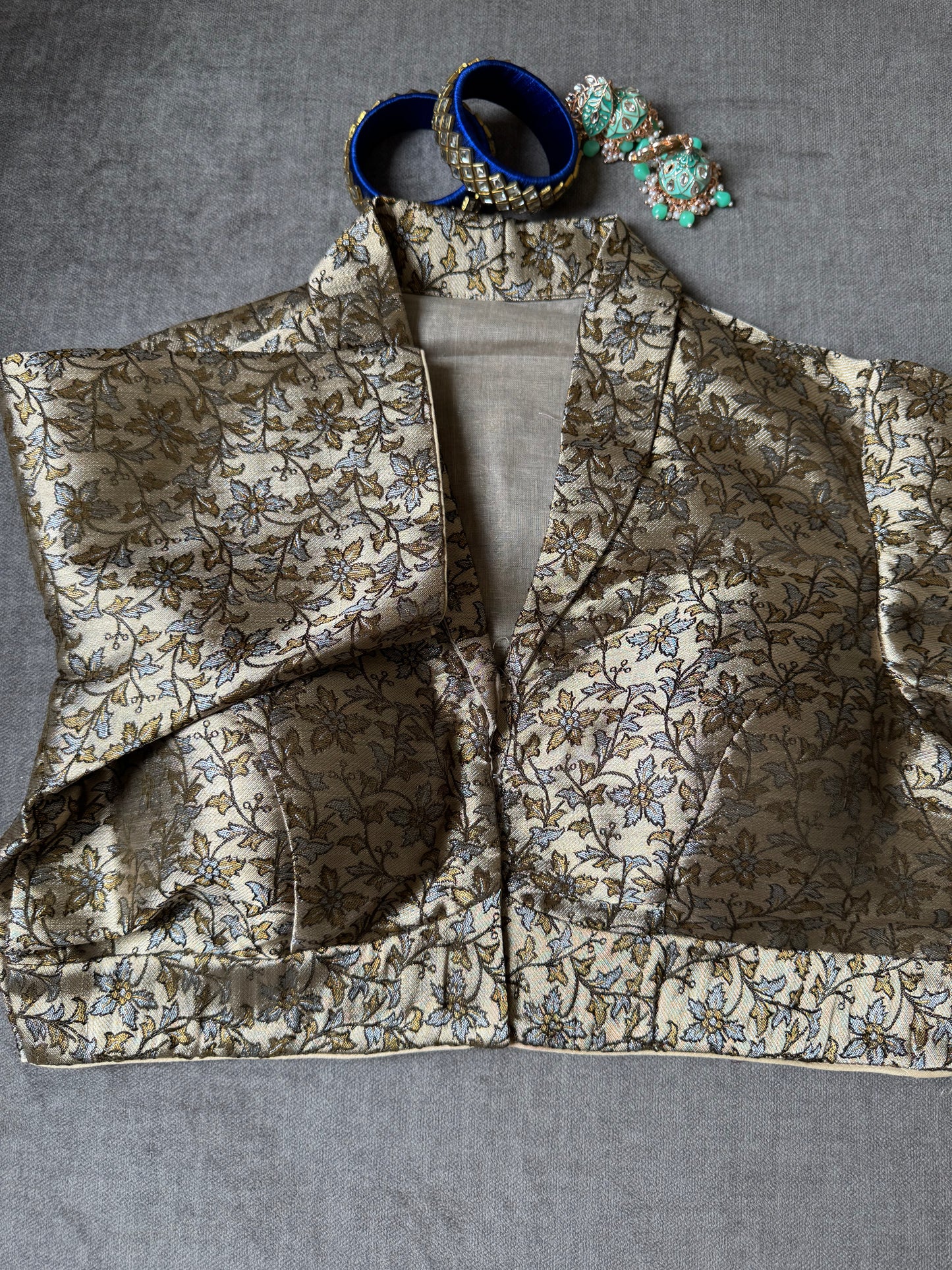 grey-golden collar neck silk blouse