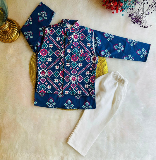 Blue Pure Cotton Ikkat Print Kurta-Pyjama Set with Waist-Coat For Boys