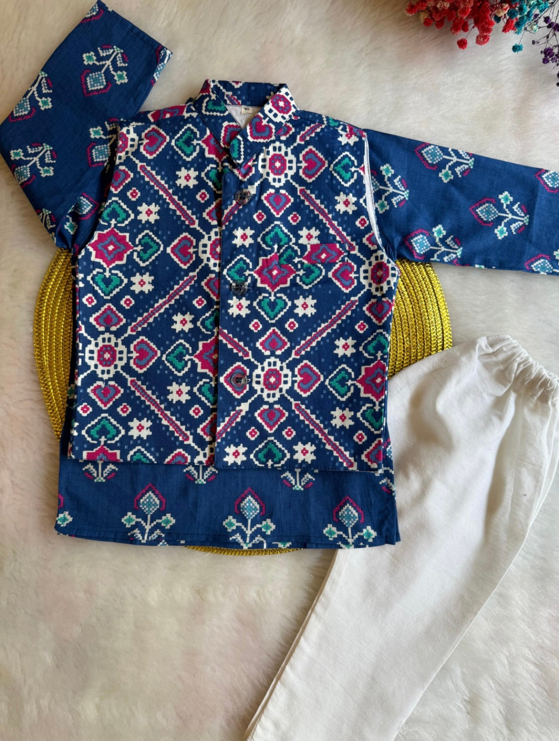 blue pure cotton ikkat print kurta-pyjama set with waist-coat for boys