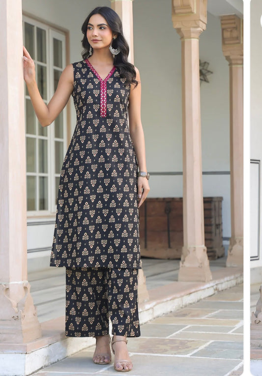 Black Block-Print, Mirror Embellished, Pure Cotton, Kurta-Pants Set