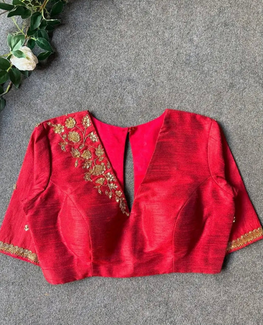 Deep Red, Raw Silk, Embroidered Half-Sleeves Blouse