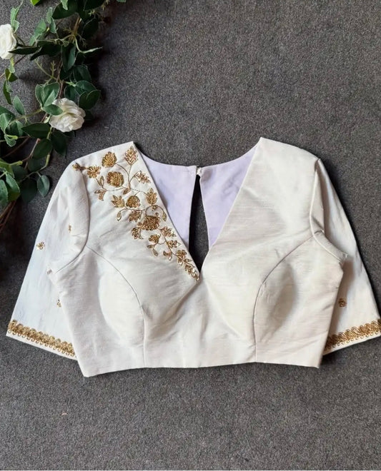 Ivory, Raw Silk, Embroidered, Half-Sleeves Blouse