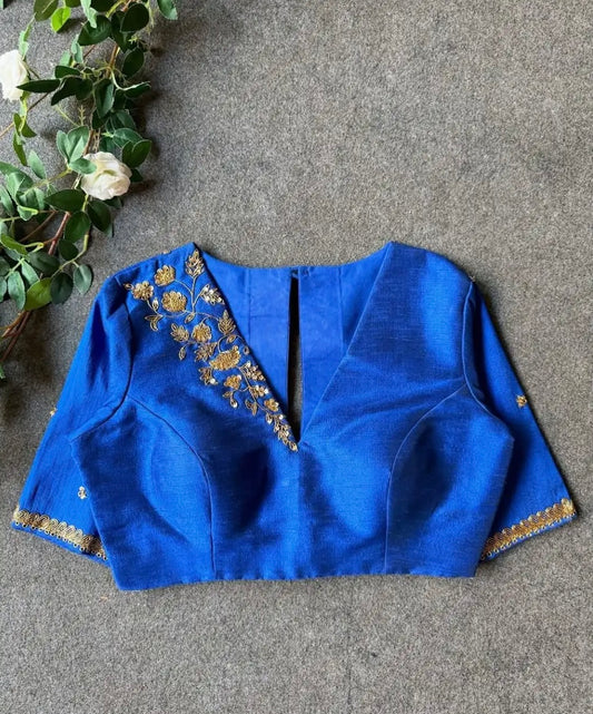 Royal Blue, Raw Silk, Embroidered Half-Sleeves Blouse