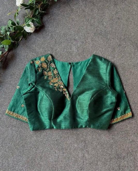Bottle Green, Raw Silk, Embroidered Half-Sleeves Blouse