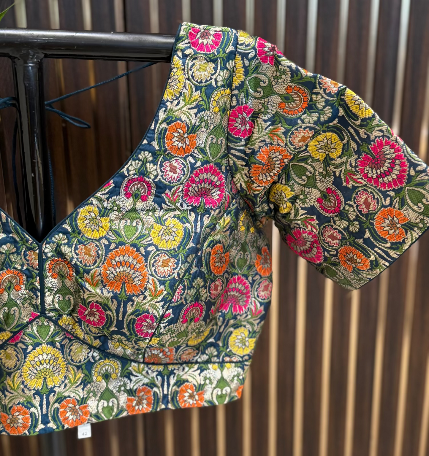 teal blue brocade silk blouse
