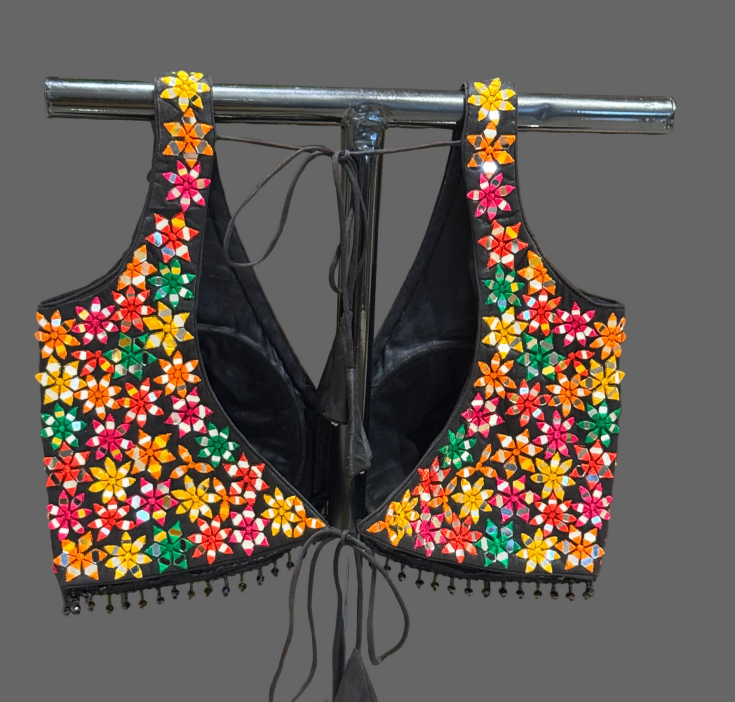 black with multicolour embroidery and mirrors ready to wear sleeveless blouse