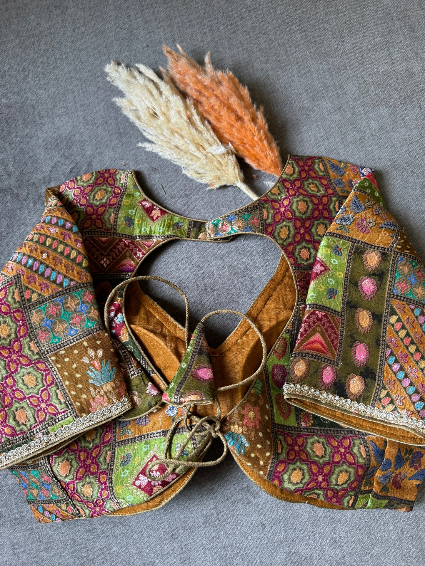 brownish green multicolour banarasi blouse