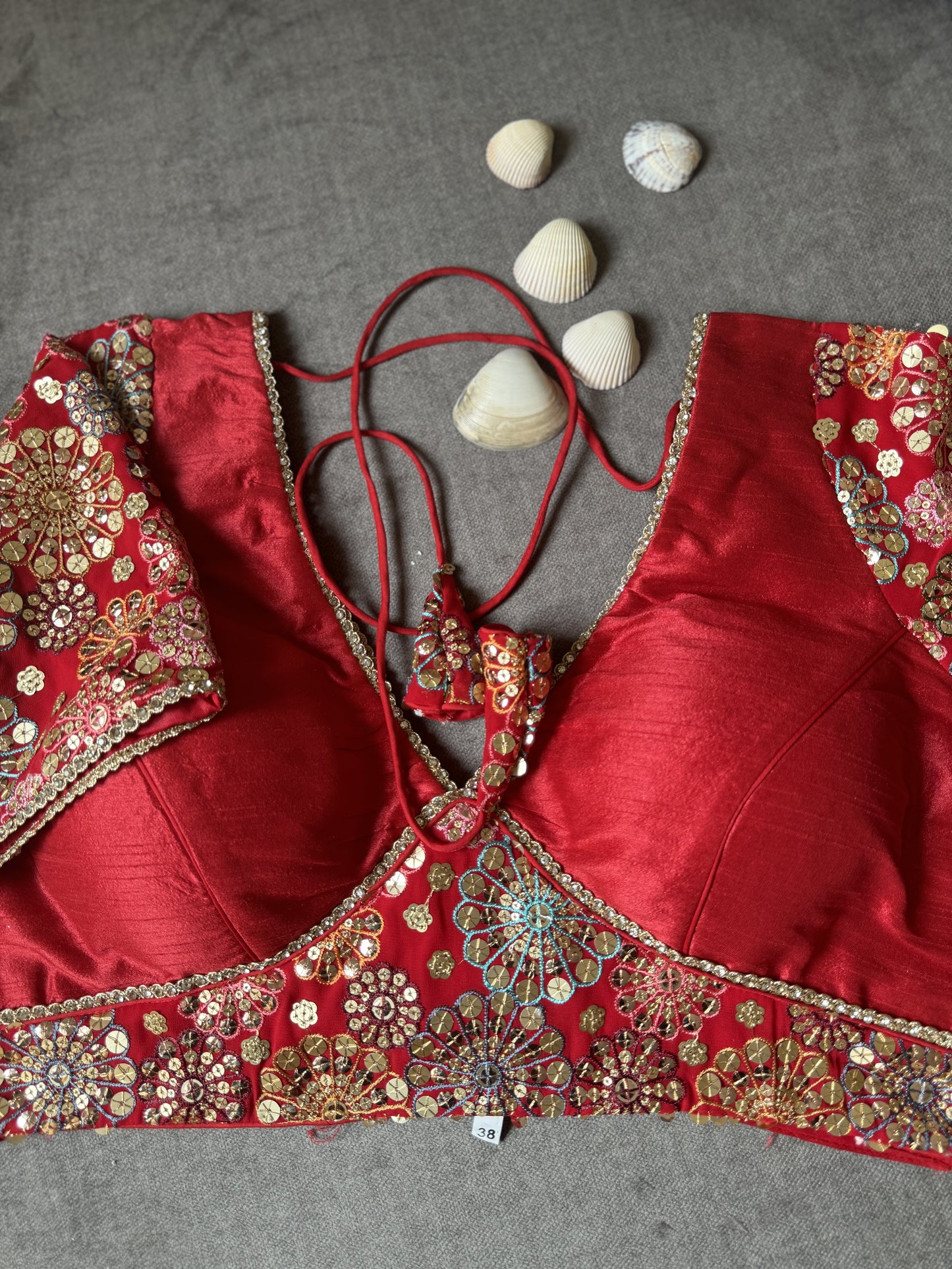 red silk embroidered blouse