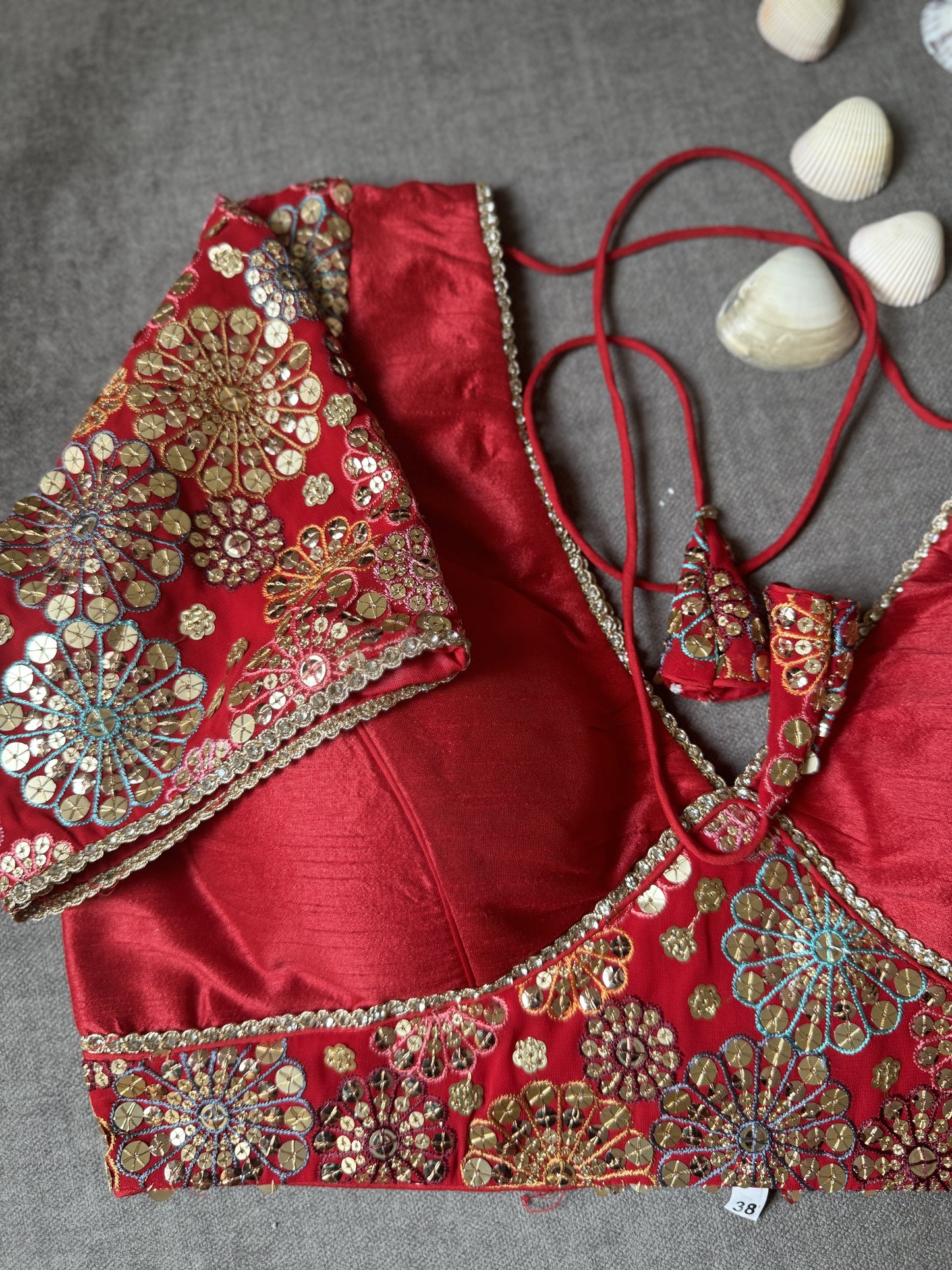 red silk embroidered blouse