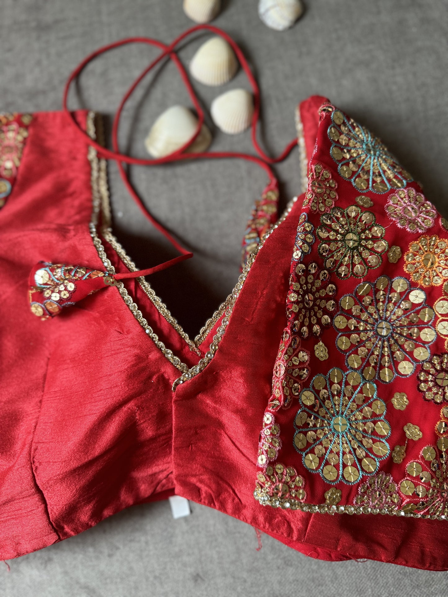 red silk embroidered blouse