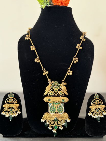 Emerald and White Beads Golden Long Chain Pendant Set with Earrings