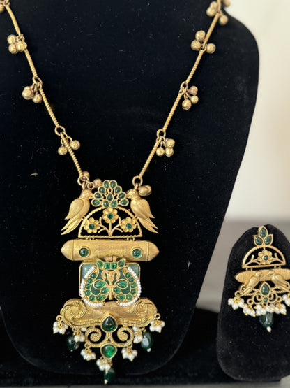 Emerald and White Beads Golden Long Chain Pendant Set with Earrings