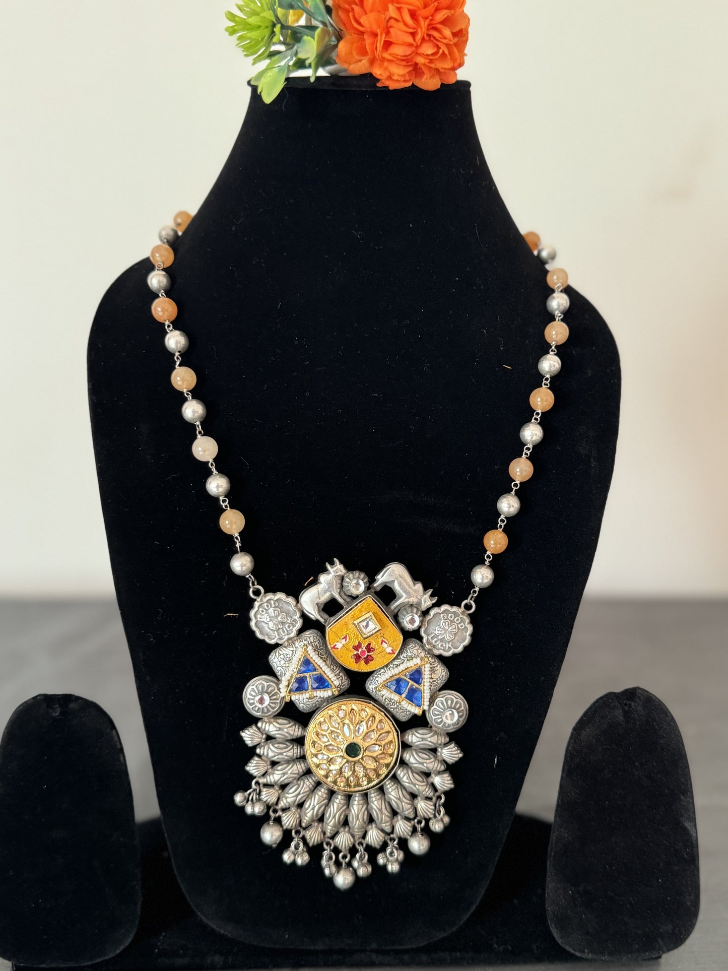 double toned, minakari & kundan work, embellished with pearl beads & semi precious stones, necklace set