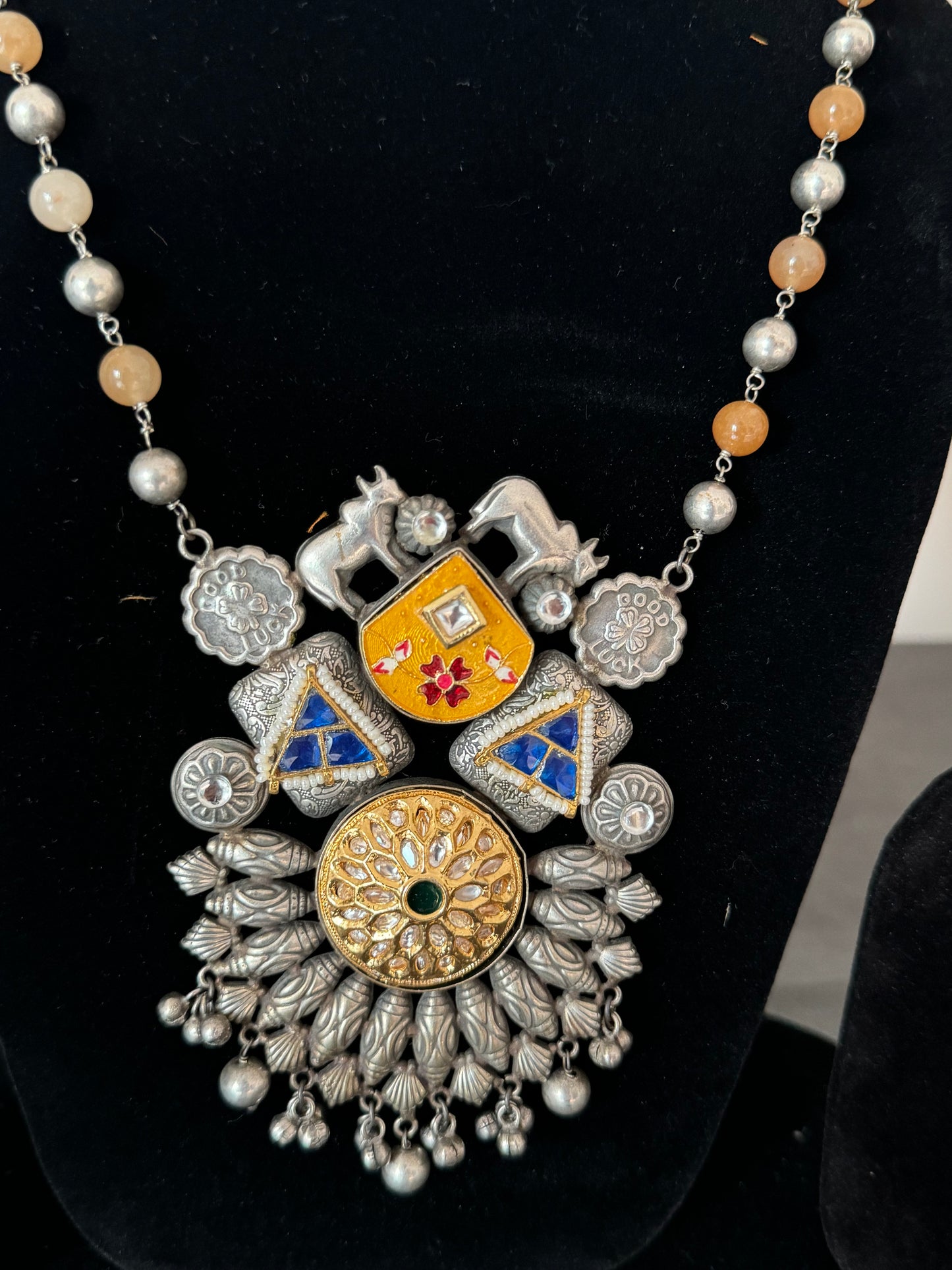 double toned, minakari & kundan work, embellished with pearl beads & semi precious stones, necklace set