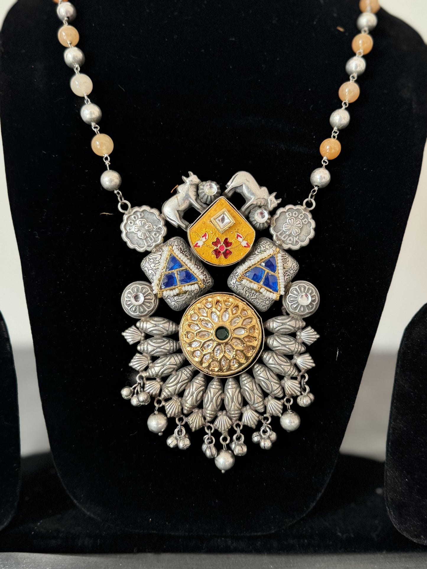 double toned, minakari & kundan work, embellished with pearl beads & semi precious stones, necklace set