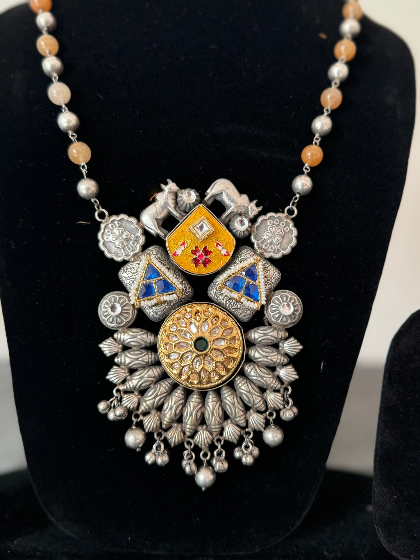 double toned, minakari & kundan work, embellished with pearl beads & semi precious stones, necklace set