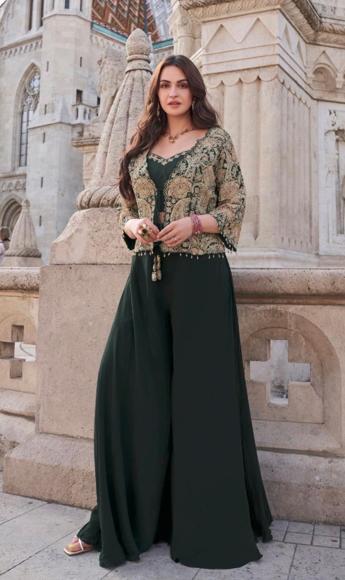 Bottle Green Chinnon Silk Embroidered Indo-Western Dress for Women Bottle Green / XXL / Silk