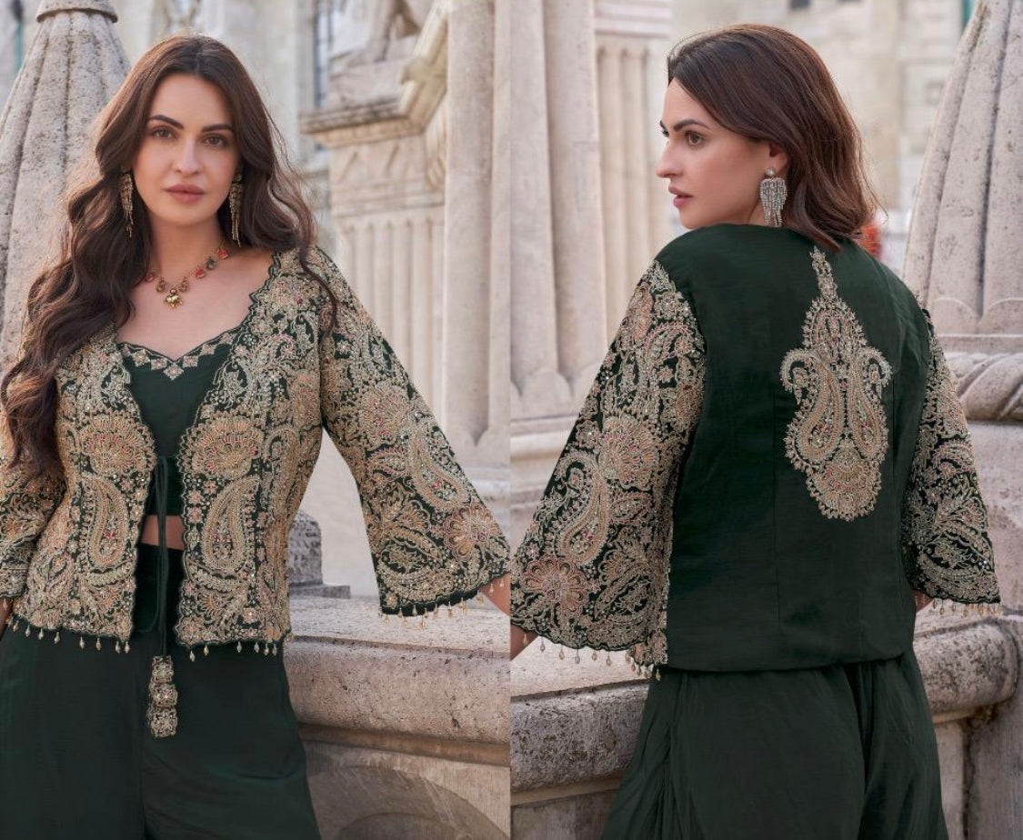 Bottle Green Chinnon Silk Embroidered Indo-Western Dress for Women Bottle Green / XL / Silk Bottle Green Chinnon Silk Embroidered Indo-Western Dress for Women Bottle Green / XL / Silk