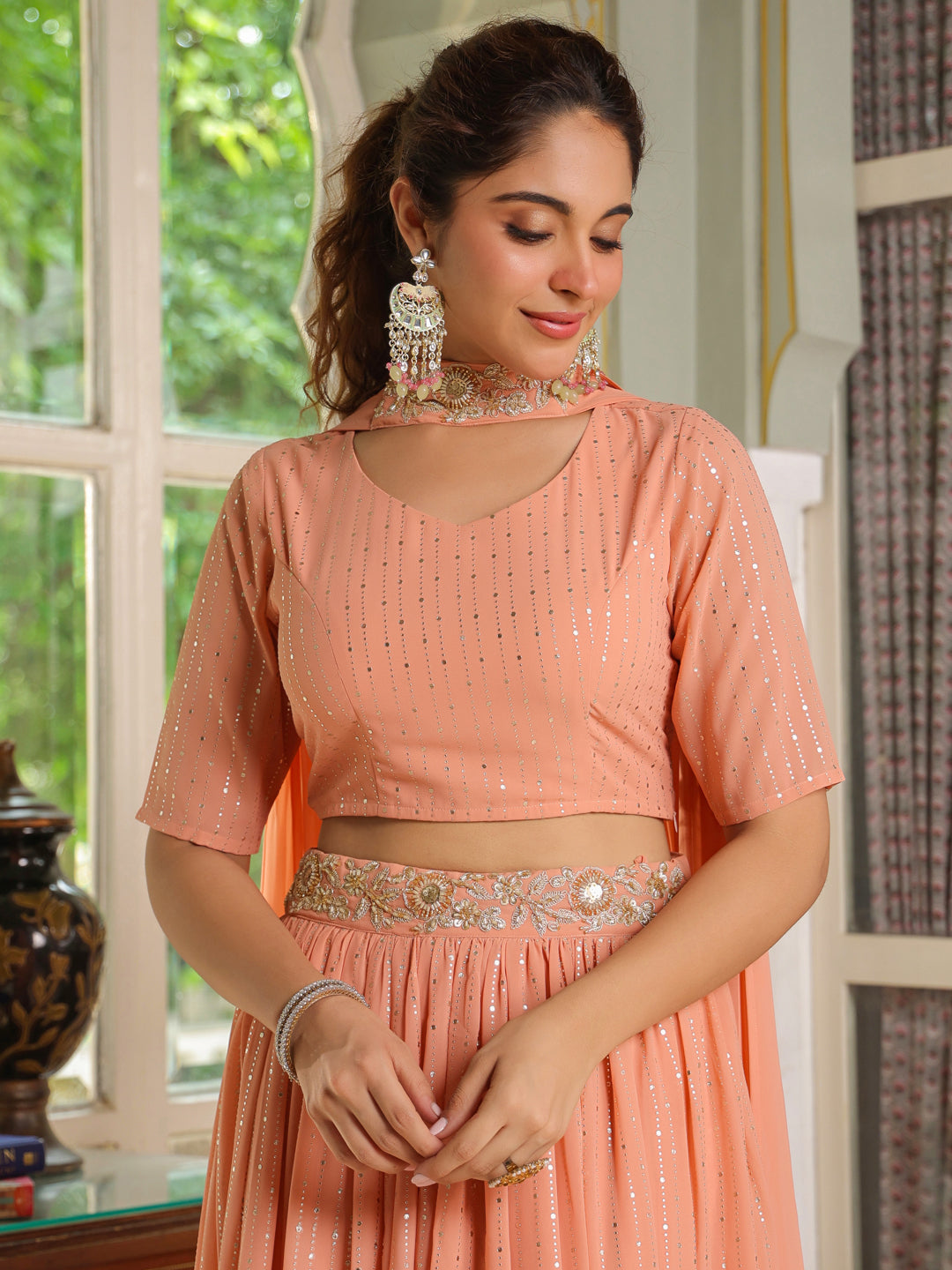 peach embellished georgette lehnga set with choker dupatta