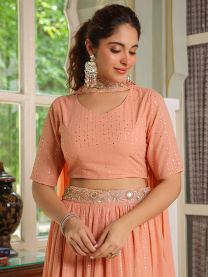 Peach Embellished Georgette Lehnga Set with Choker Dupatta