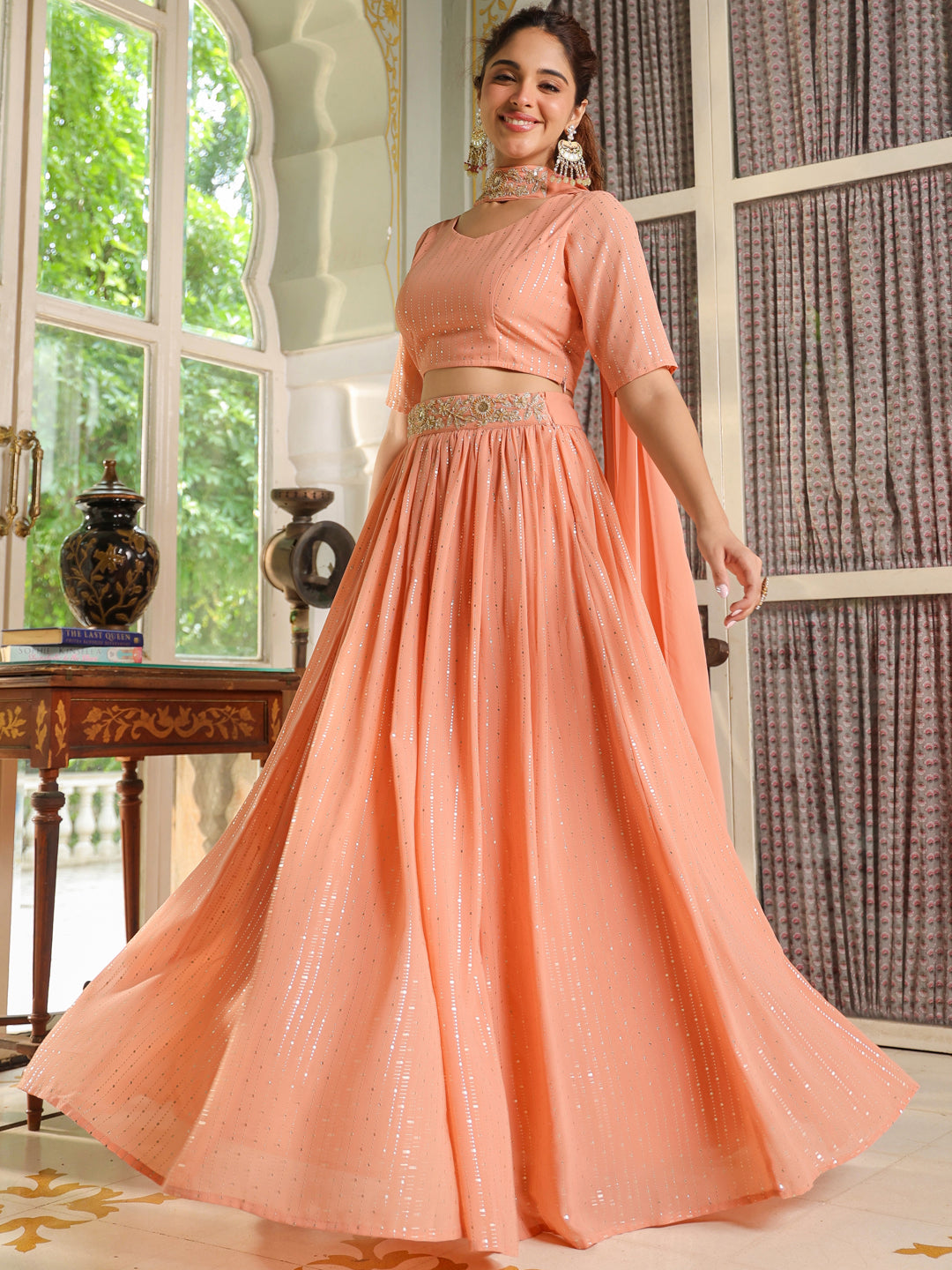 peach embellished georgette lehnga set with choker dupatta