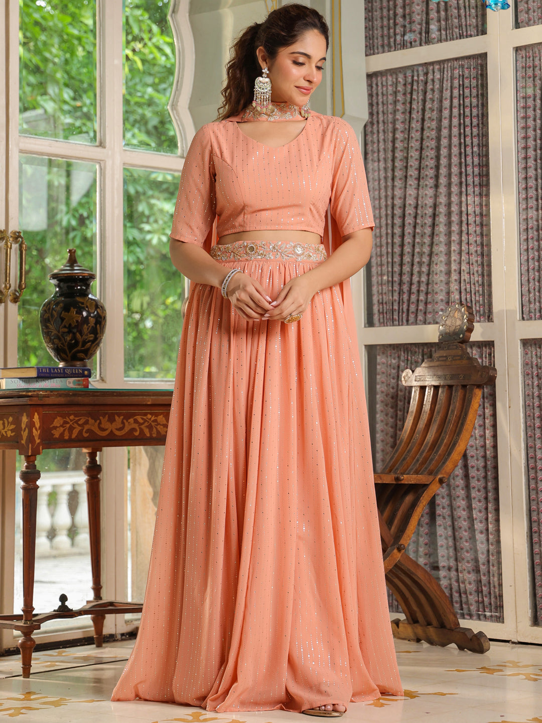peach embellished georgette lehnga set with choker dupatta