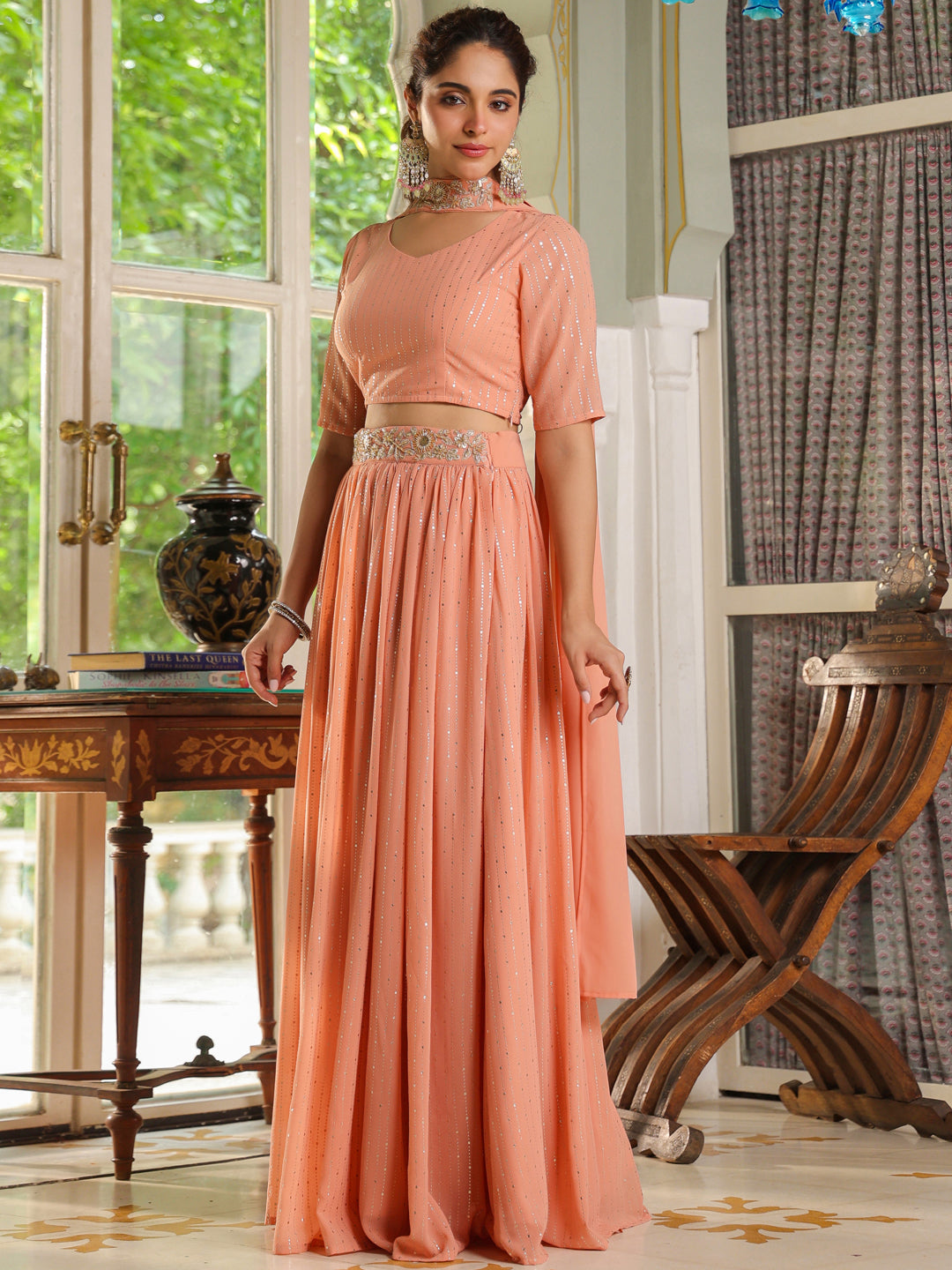 peach embellished georgette lehnga set with choker dupatta
