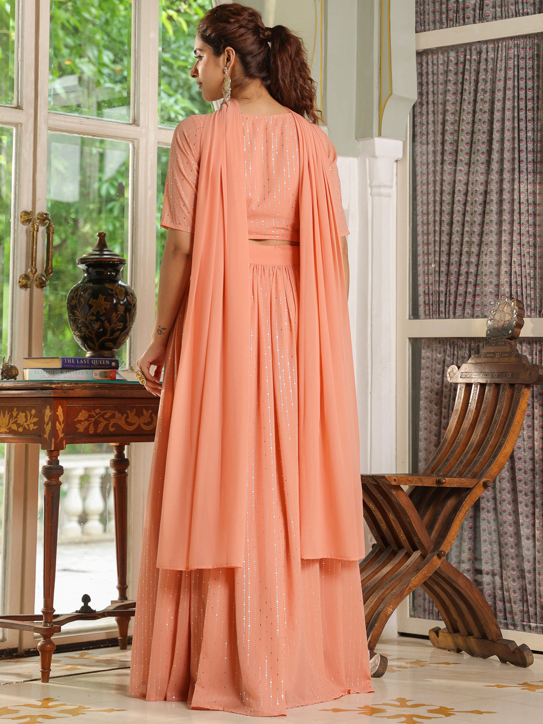 peach embellished georgette lehnga set with choker dupatta