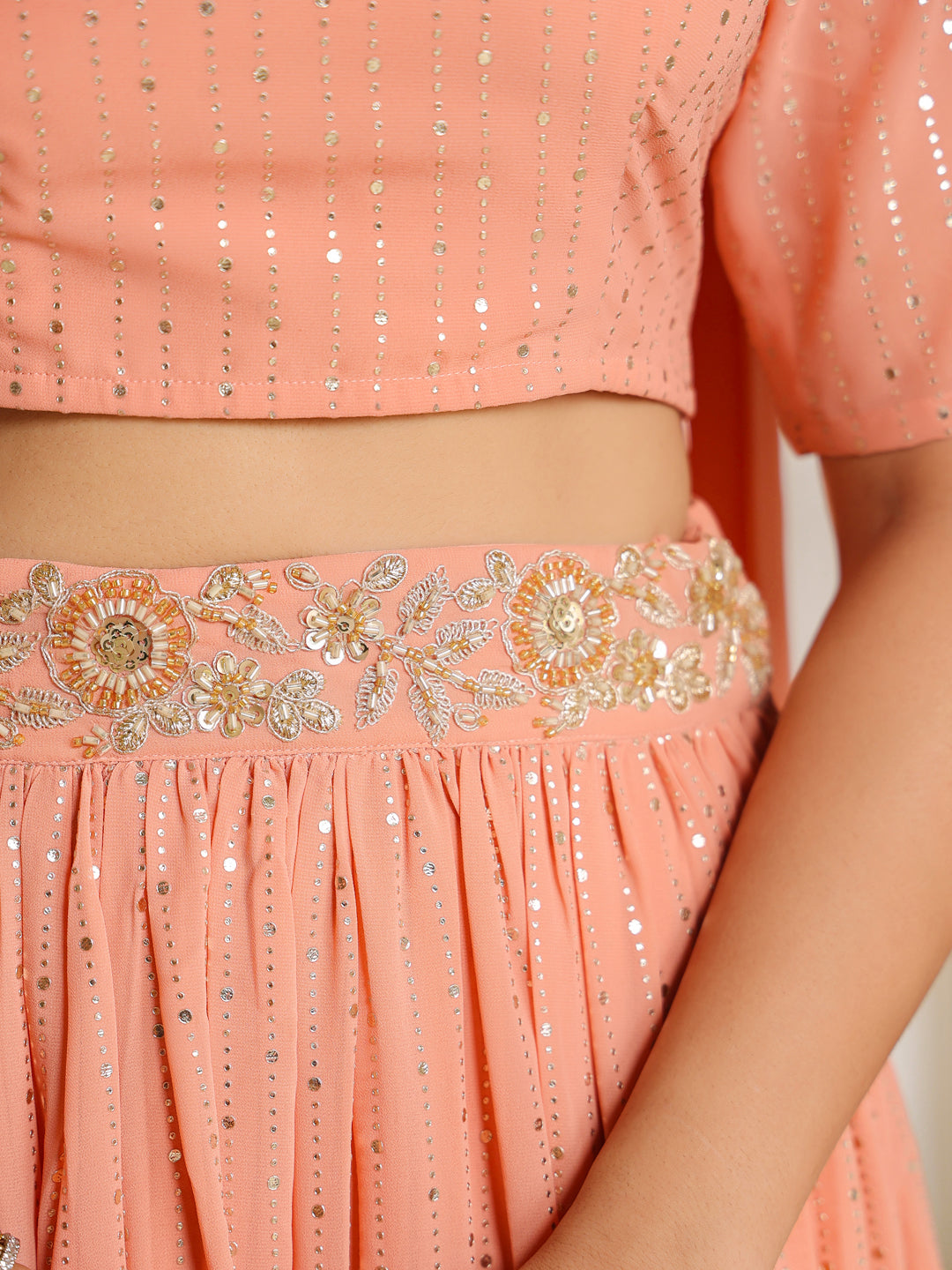 peach embellished georgette lehnga set with choker dupatta