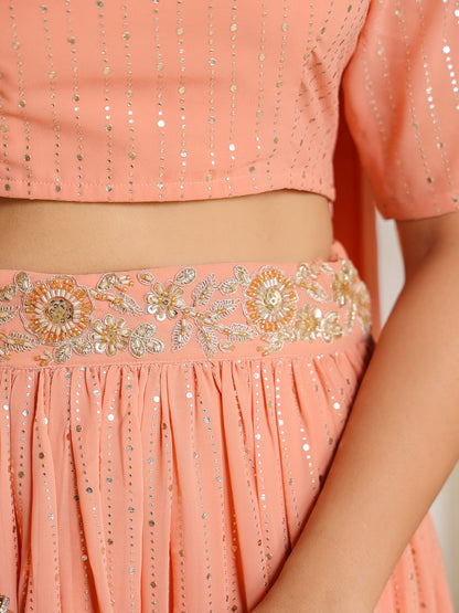 Peach Embellished Georgette Lehnga Set with Choker Dupatta
