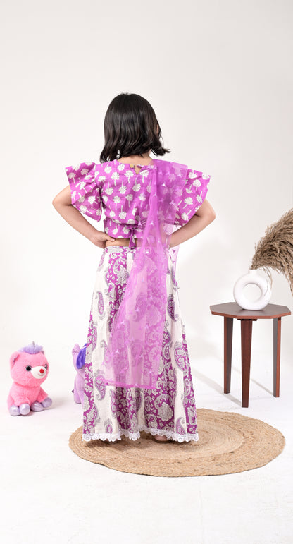 Off-White and Lavender Mirror-Work Pure Cotton Skirt-Top Set For Kids