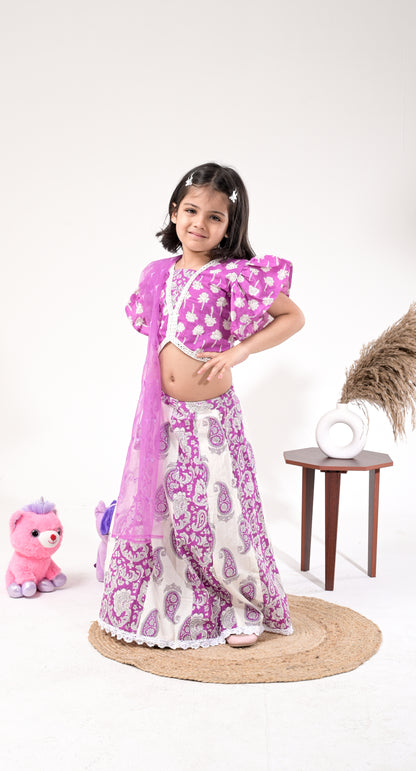 Off-White and Lavender Mirror-Work Pure Cotton Skirt-Top Set For Kids