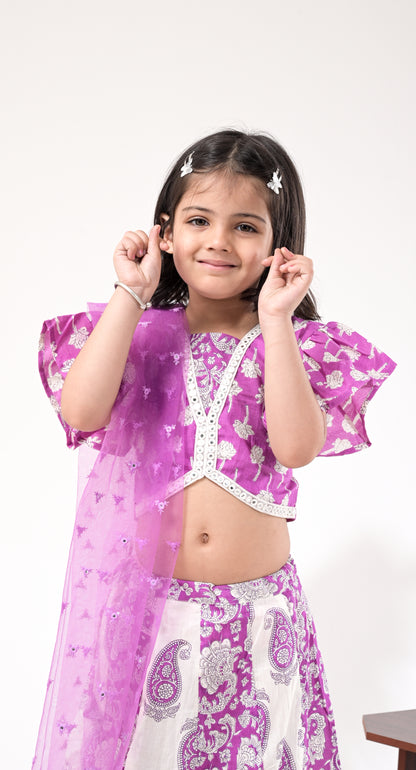 Off-White and Lavender Mirror-Work Pure Cotton Skirt-Top Set For Kids