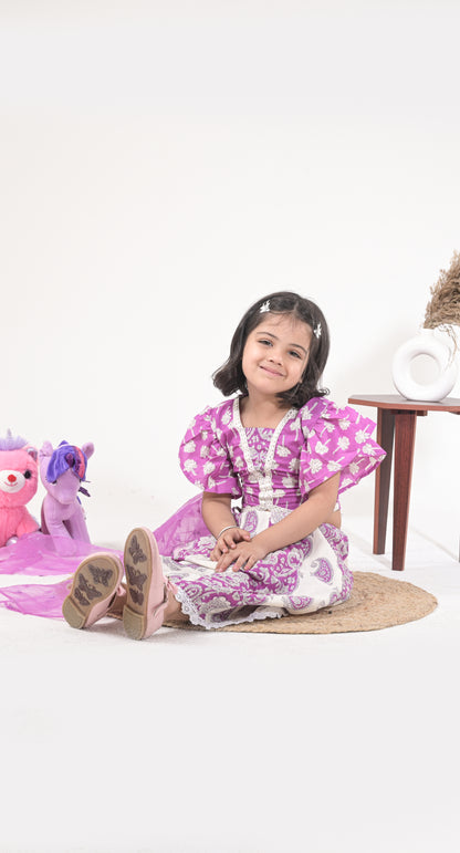 Off-White and Lavender Mirror-Work Pure Cotton Skirt-Top Set For Kids