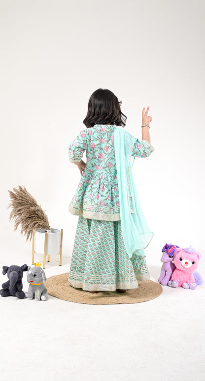 Pastel Green Pure-Cotton Floral-Print Skirt with Peplum-Kurti and Dupatta for Kids and Teenagers