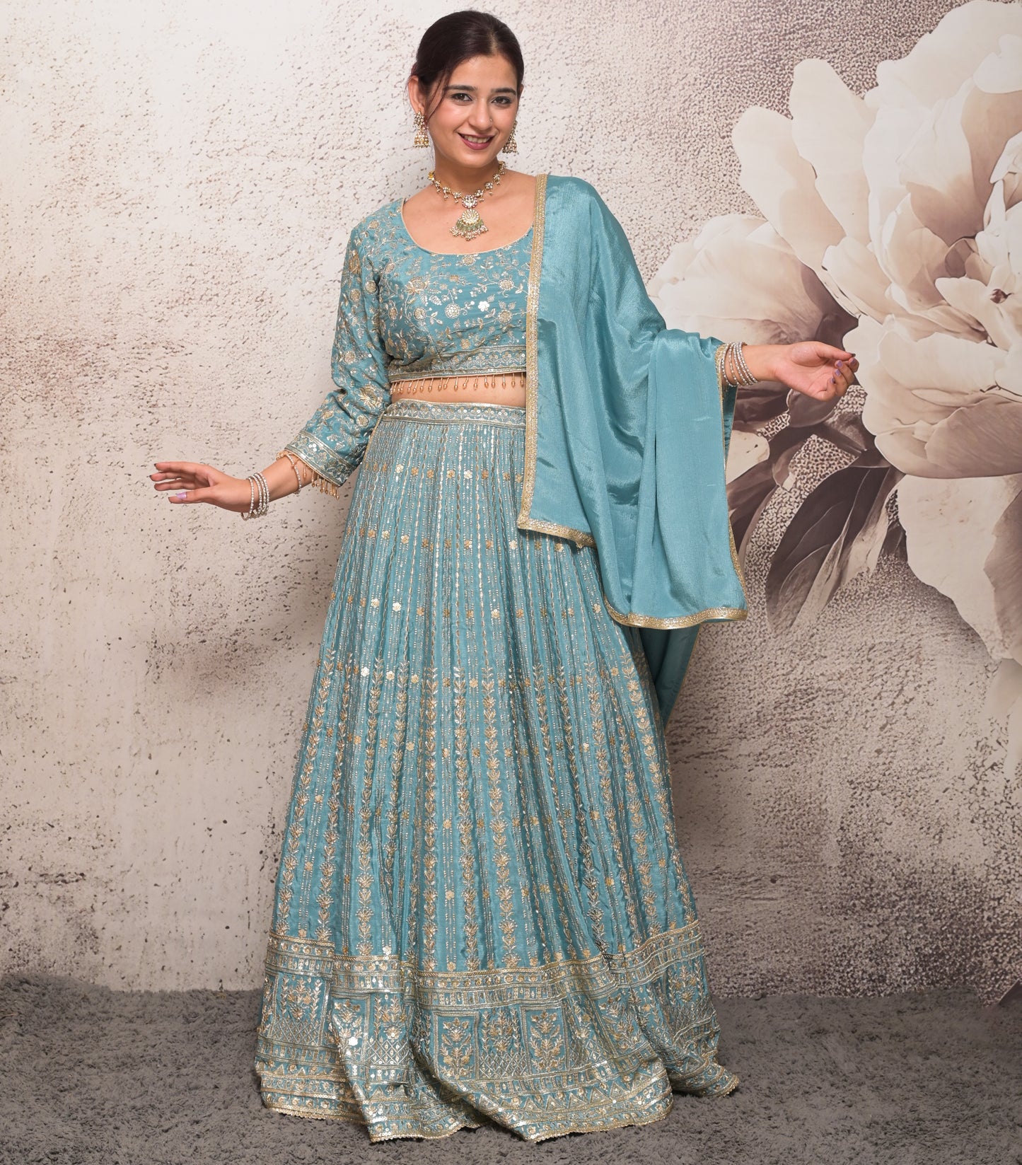 light blue fully embroidered chinnon silk designer lehenga choli set for women