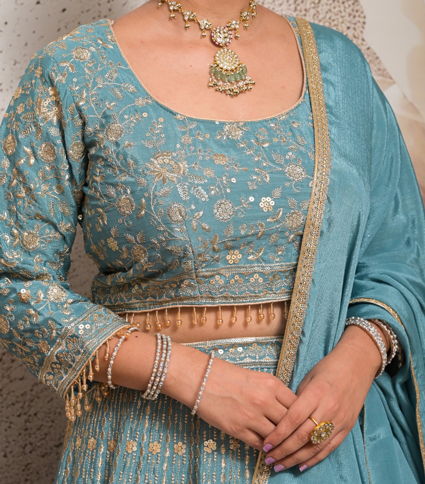 light blue fully embroidered chinnon silk designer lehenga choli set for women