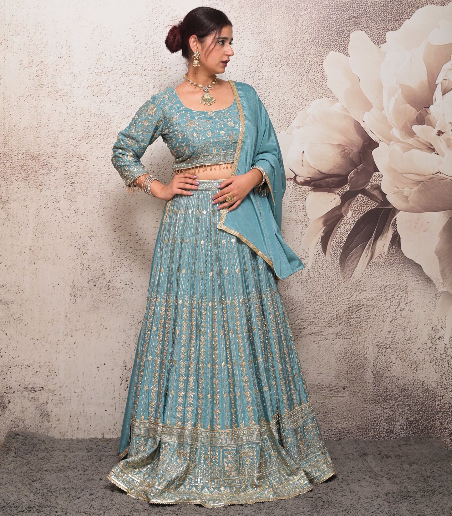 light blue fully embroidered chinnon silk designer lehenga choli set for women